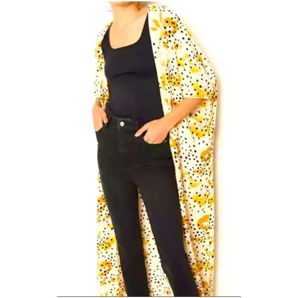 Bell Kazan Anthropologie Women OS Floral Duster Kimono‎ Cardigan Cream Yellow